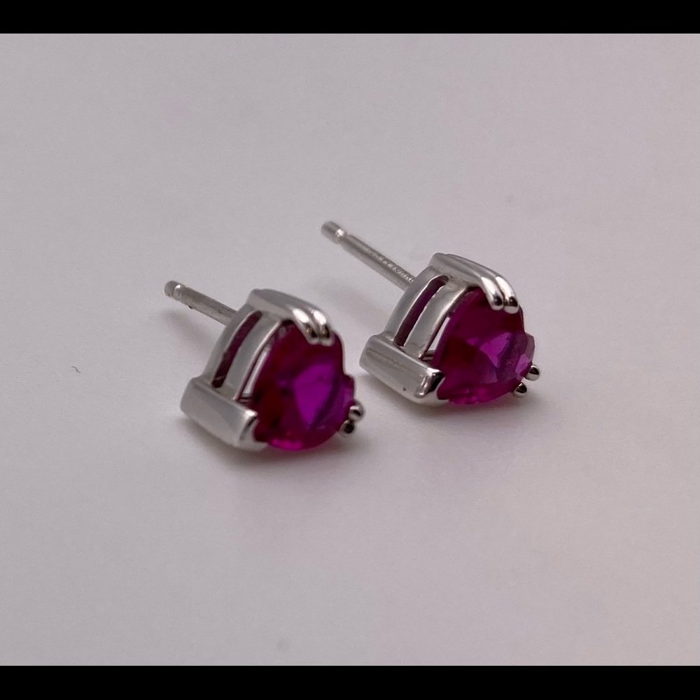 10k Solid White Gold Ruby Heart Stud Earrings - image 2
